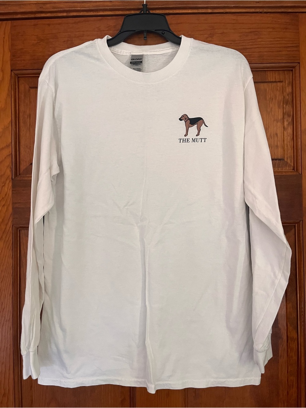 Gildan White Long-Sleeve Tee with Small Dog Graphic